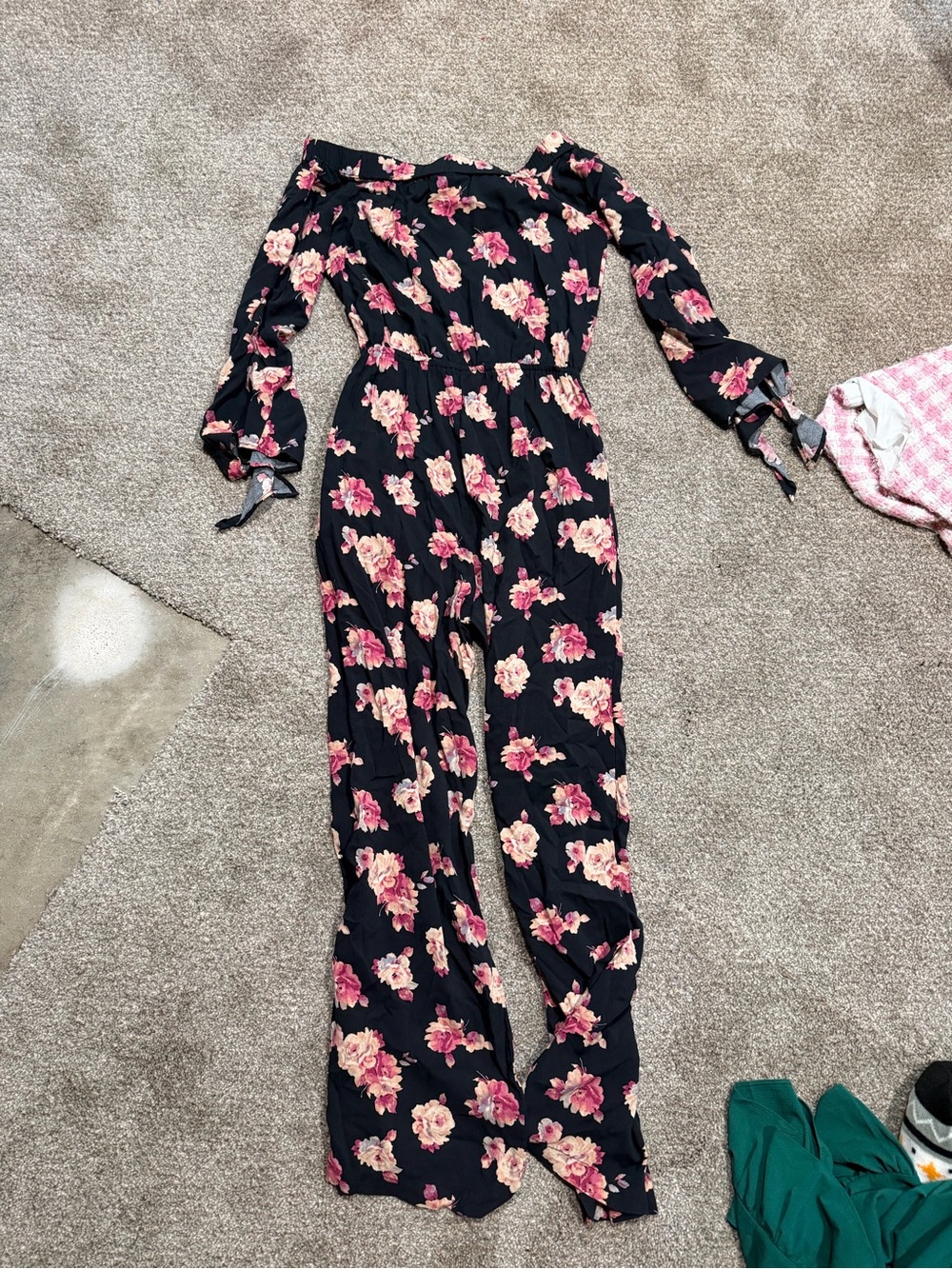 Mimi Chica Black Off-Shoulder Floral Jumpsuit with Pink Roses